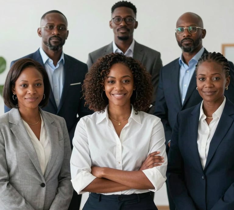 Smiling team of financial experts collaborating over development project plans in a bright office.