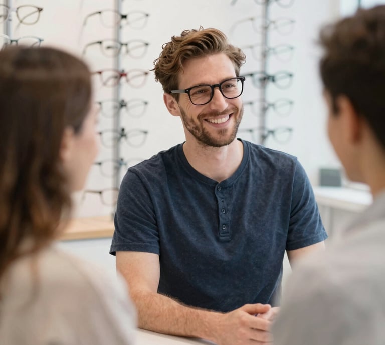 A warm, inviting optical shop interior with vintage and modern eyewear displays.
