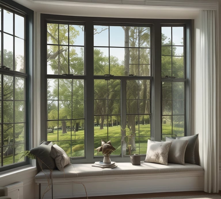 A modern sliding window partially open, showing a sleek frame and outdoor patio.