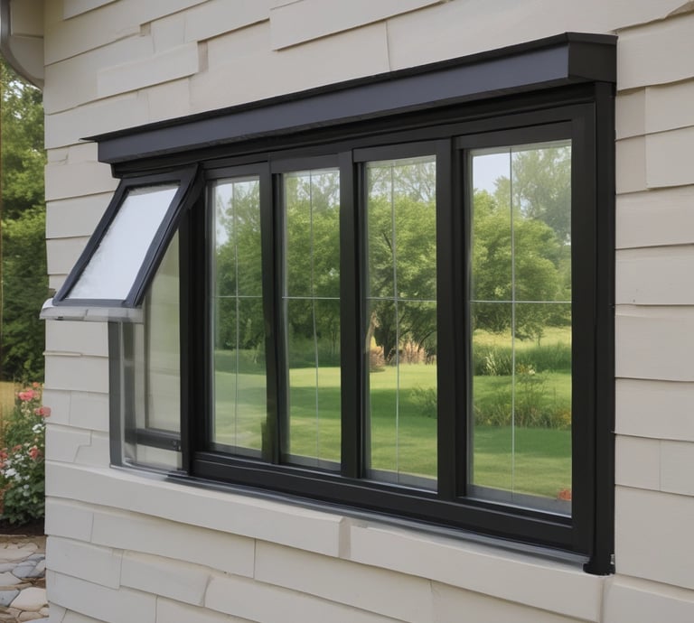 A modern sliding window partially open, showing a sleek frame and outdoor patio.