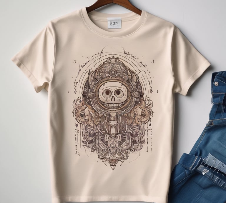 A creative workspace with colorful customized mugs, shirts, and prints featuring the Eclipse Print logo in black and orange.