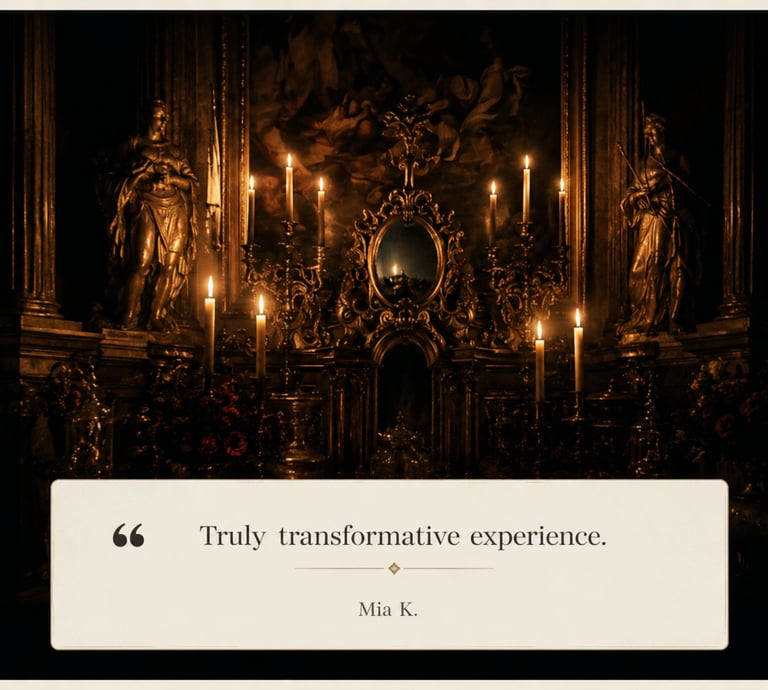 A gothic cathedral altar with burning candles and religious statues featuring a quote about transformative experiences.