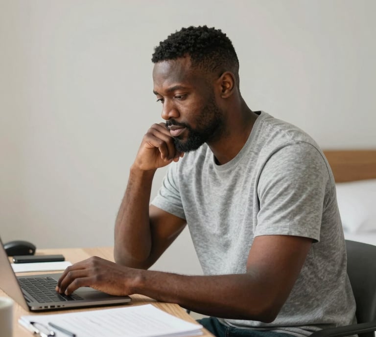 A calm workspace with a laptop displaying recovery worksheets and a cup of tea nearby.