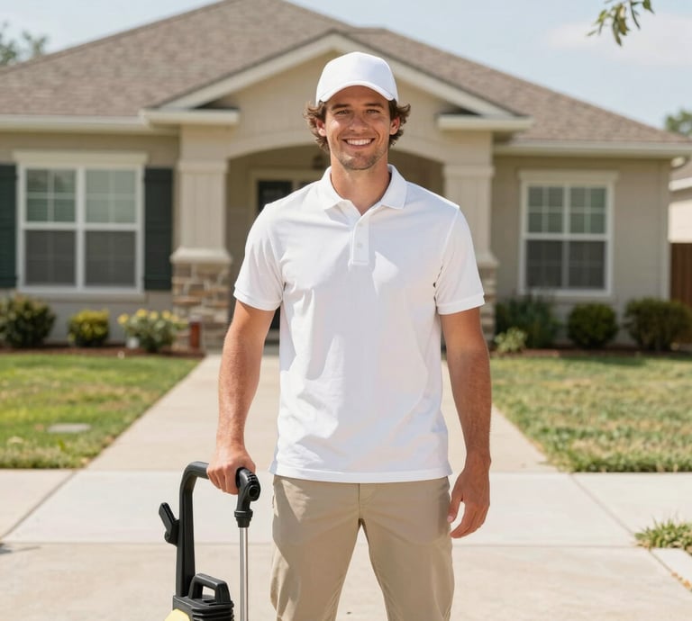 A professional cleaner softly washing a luxury home's exterior with care and precision on a sunny day.