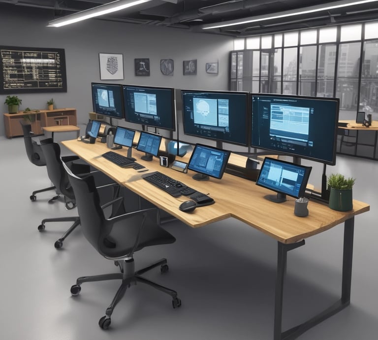 A friendly team collaborating around a laptop with AI interface on screen.