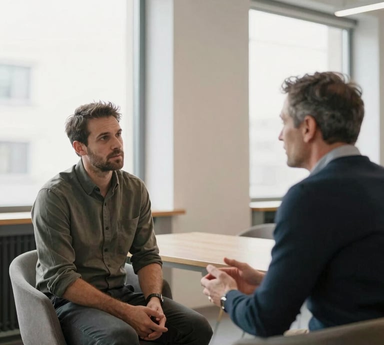 A consultant discussing process improvements with a small business team in a bright Berlin office.