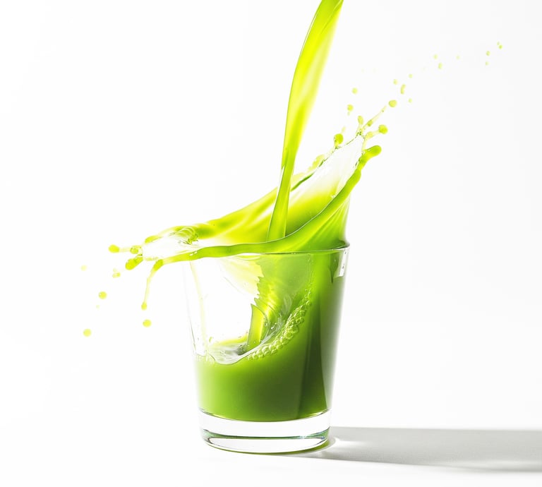 Fresh green juice splashing into a clear glass against a white background.