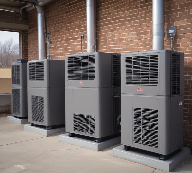 Technician repairing a large industrial cooling tower under a clear sky.