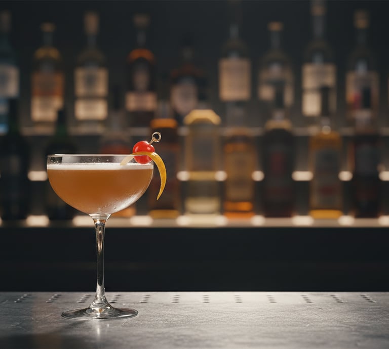 Cocktails-cognac, cocktails dans une coupe devant bouteilles sur étagère