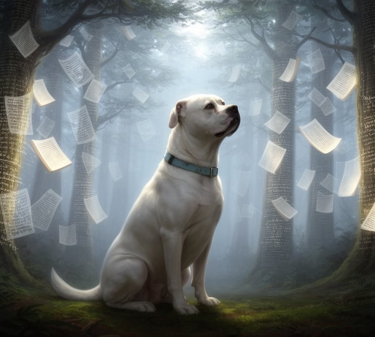 White dog sitting in a mystical forest with floating book pages and trees covered in text.
