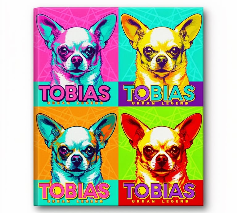 Pop art style Chihuahua canvas print with colorful panels and Tobias Urban Legend text.