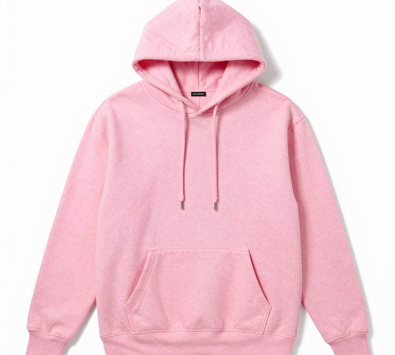 A soft pink hoodie with a subtle mental health awareness ribbon embroidered on the chest.