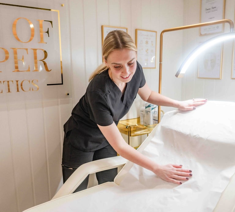 Aesthetician in black scrubs preparing a medical treatment bed at House of Harper Aesthetics clinic.