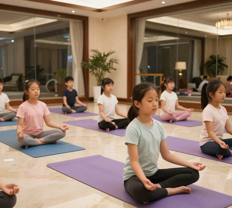 Children happily practicing yoga poses together in a bright, colorful studio filled with playful decorations.