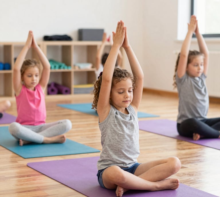 Children happily practicing yoga poses together in a bright, colorful studio.