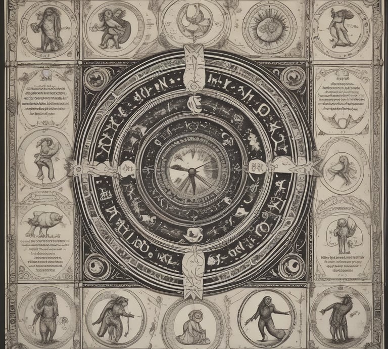 A small astrology book is placed on top of an open journal with celestial and map designs. There is also a small notepad displaying phases of the moon and a larger book with a green and gold ornate cover in the background.