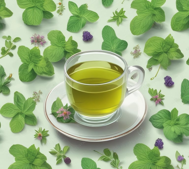 Three square boxes labeled with herbal tea names lie on a light textured surface. A glass cup filled with tea, containing a tea bag, is placed near the center. Two eucalyptus branches extend into the scene from the edges.