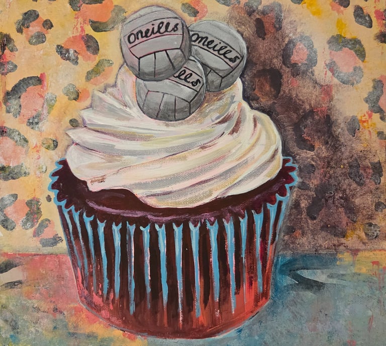 a painting of cupcake with a GAA balls on top of it and animal print background