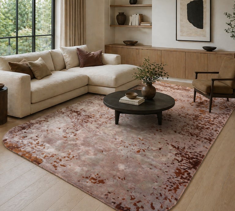 Modern living room featuring a large abstract area rug in copper.