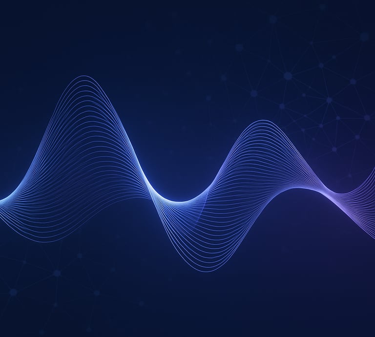 A glowing soundwave over a neural network pattern, symbolizing intelligent voice technology.