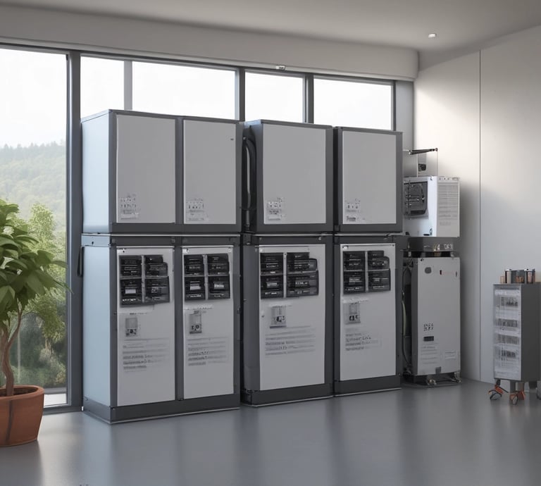 A white energy storage system labeled with 'HARVEYPOW' is situated in an industrial setting, surrounded by cardboard and wooden pallets. There is a green stripe on the unit with the words 'Energy storage system' beneath the brand name. The environment appears to be a warehouse.