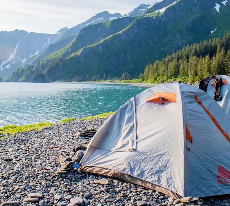 a tent by the lakeside