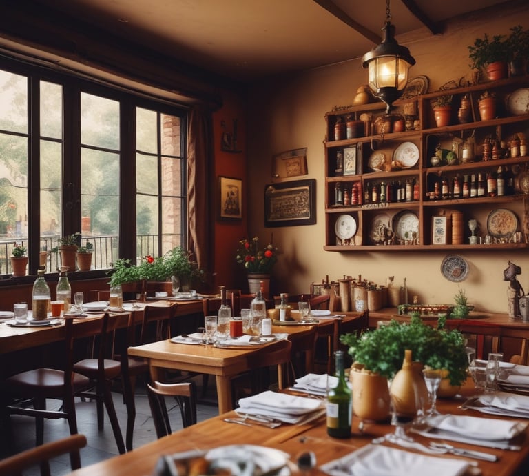 A cozy restaurant interior with wooden tables and warm lighting.