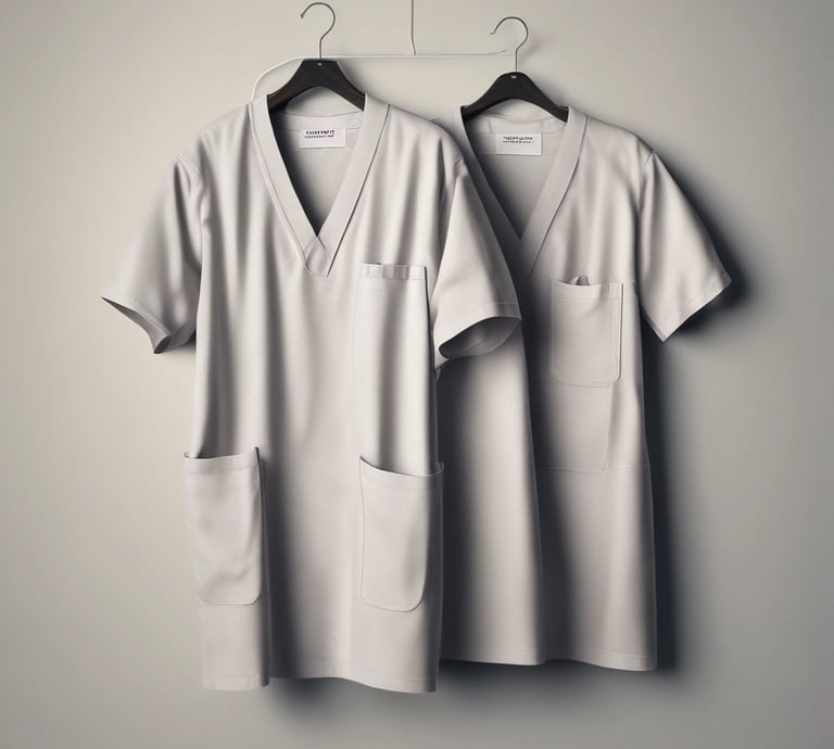 A diverse range of nurse scrubs on hangers.