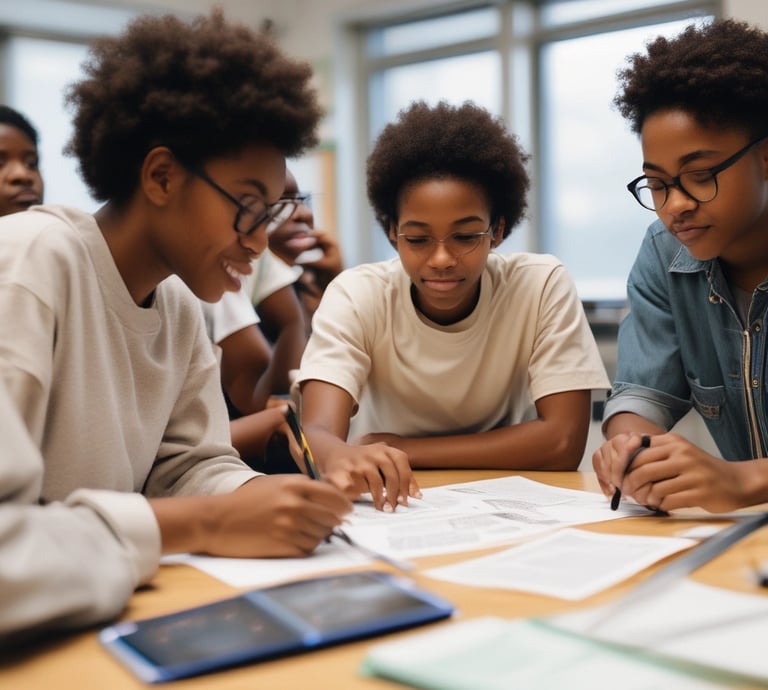 A diverse group of young black students engaged in a workshop setting.