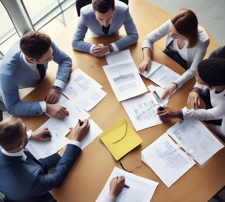 A professional team meeting discussing financial strategies.