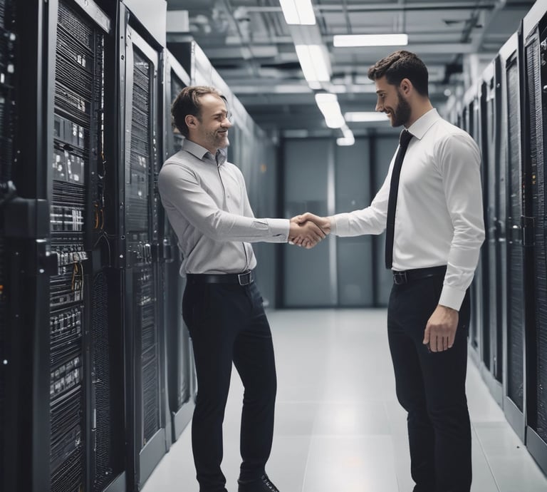 A hand holding a thermal scanner is pointed towards a rack of computer servers. The servers are illuminated with blue LED lights, giving a technological and futuristic feel.