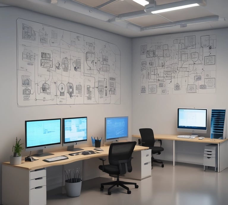 A dimly lit room features a prominent illuminated sign displaying the words 'Sysco LABS.' Below the sign are office desks with various electronic devices, including laptops and cables. The lighting creates a cool and professional atmosphere.