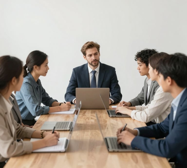 A person stands in a professional setting holding a blue folder. They are wearing a teal blazer over a white shirt and jeans. The background features glass walls and what appears to be a server room with blue lighting, suggesting a technological or business environment.