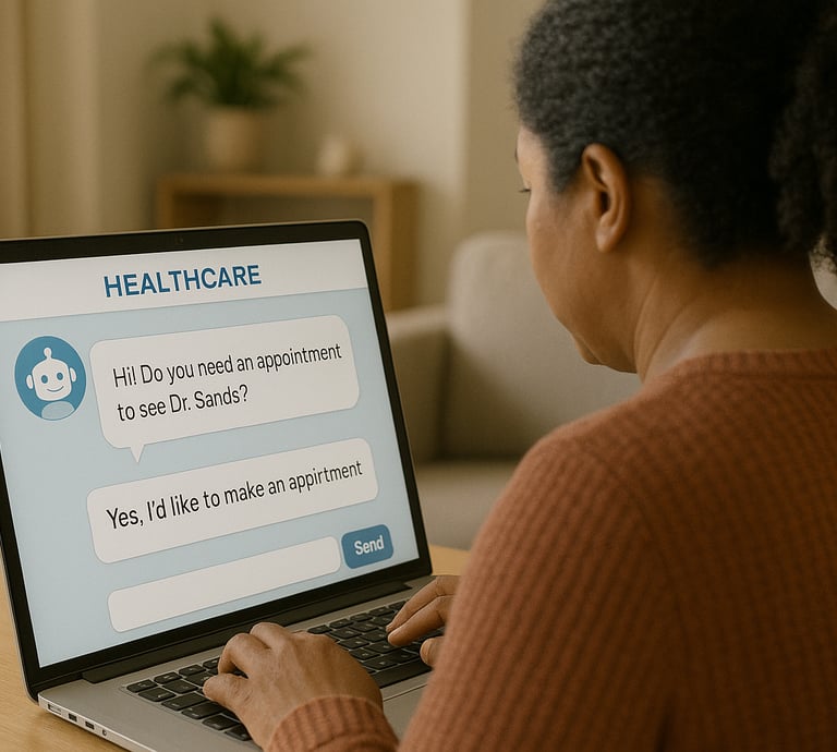 AI chatbot on healthcare website screen as patient types in appointment request.
