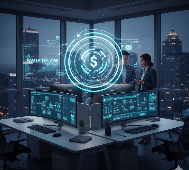 Swiftflow team demonstrating efficient workflow automation solutions in a modern office.