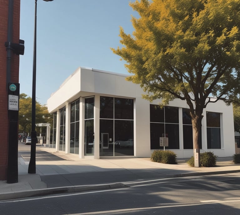 A modern building with a rectangular shape, featuring horizontal lines of teal and white. There is a prominent street lamp with a curved arm extending above the building, and a sign that reads 'Liquidation Rug Company SALE' in yellow and black on one of the building walls. The top part of the building has reflective glass windows with a soft beige tint. There are also narrow sections of vertical windows below the main signage.