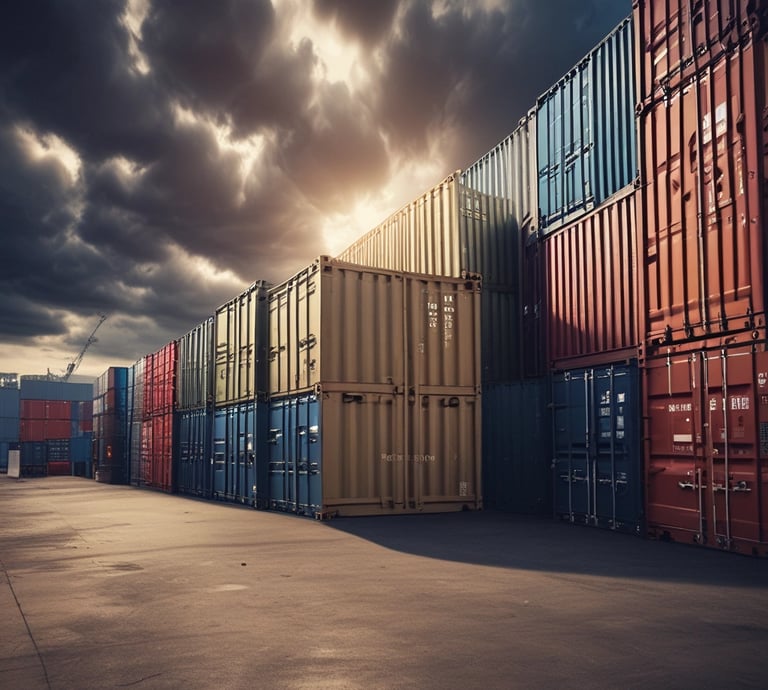 A stack of colorful shipping containers on a cargo ship, featuring prominent brands like Hapag-Lloyd, UASC, and COSCO. The containers are organized in neat rows and the hull of the ship is visible with large branding painted on it.