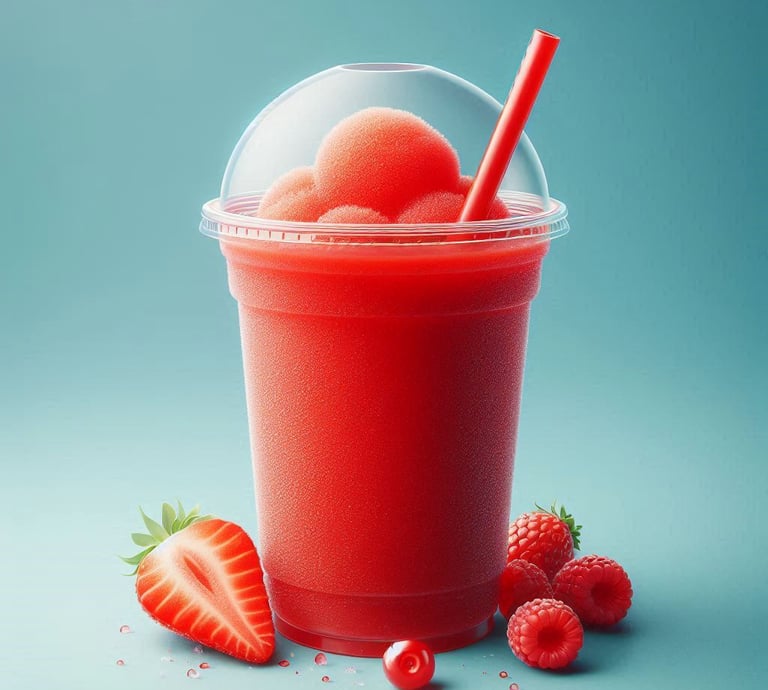a cup of red slushy next to strawberries