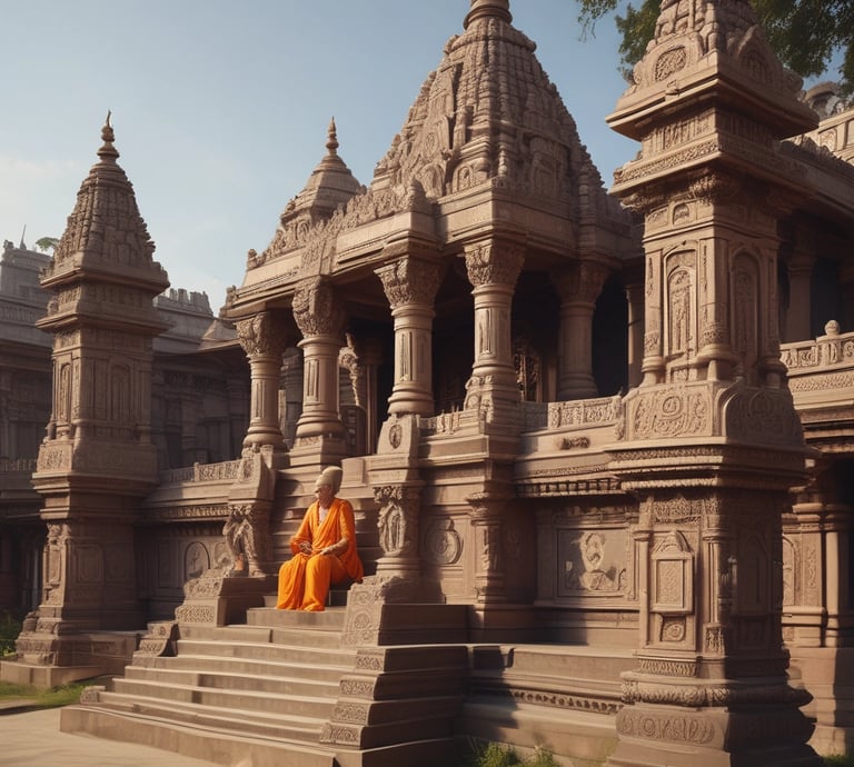 A traditional Hindu temple with intricate carvings and vibrant colors is surrounded by tall palm trees. The temple towers feature detailed sculptures and colorful decorations under a clear sky.