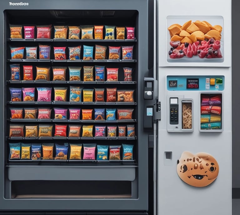 A vending machine offering a variety of snacks, including chips, candies, and waffles. The shelves are neatly organized with multiple rows displaying different brands and flavors. Snack packets are secured behind spiraled wire mechanisms designed to dispense items upon selection.