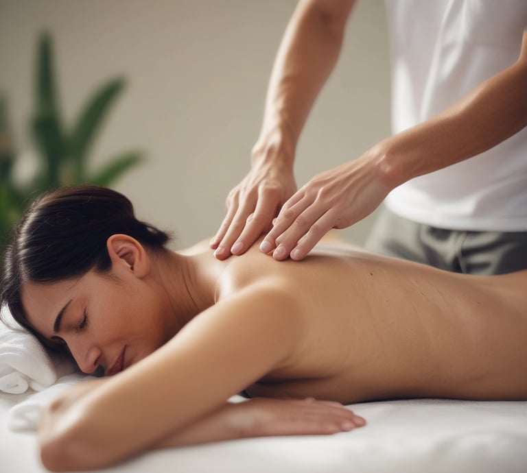A serene and well-lit massage therapy room features a massage table adorned with scattered rose petals. The room has soft green walls with a floral accent wall in the back. A hanging white robe and a modern chair are present, along with a glass shower enclosure. The ceiling has recessed lighting, contributing to a calming atmosphere.