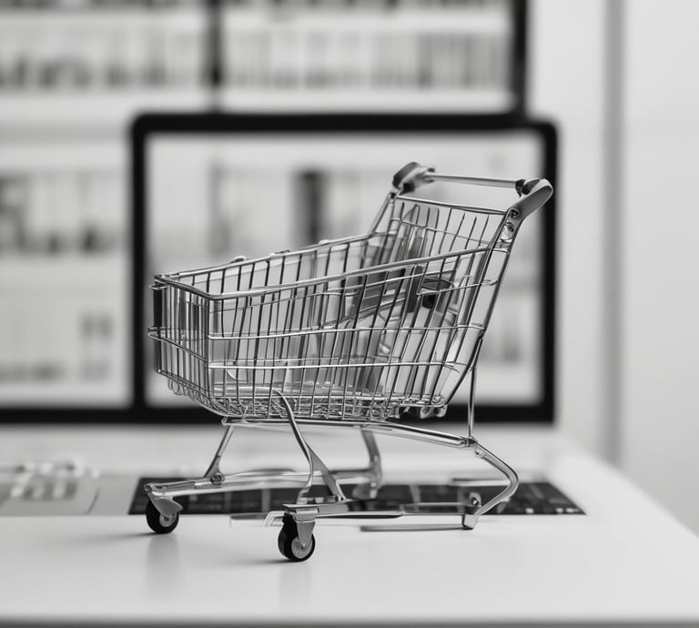 a laptop computer with a shopping cartonce and a shopping carton
