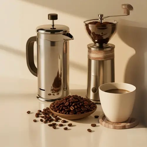 accessoires de cafetières à piston sur table de cuisine