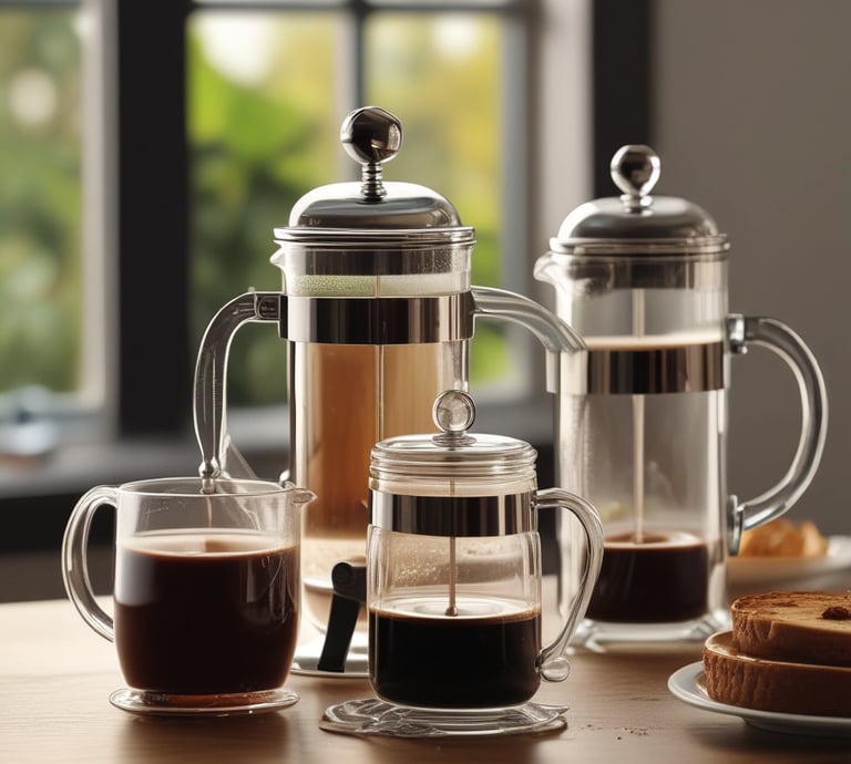 trois modèles de cafetières à piston et du pain pour le petit déjeuner