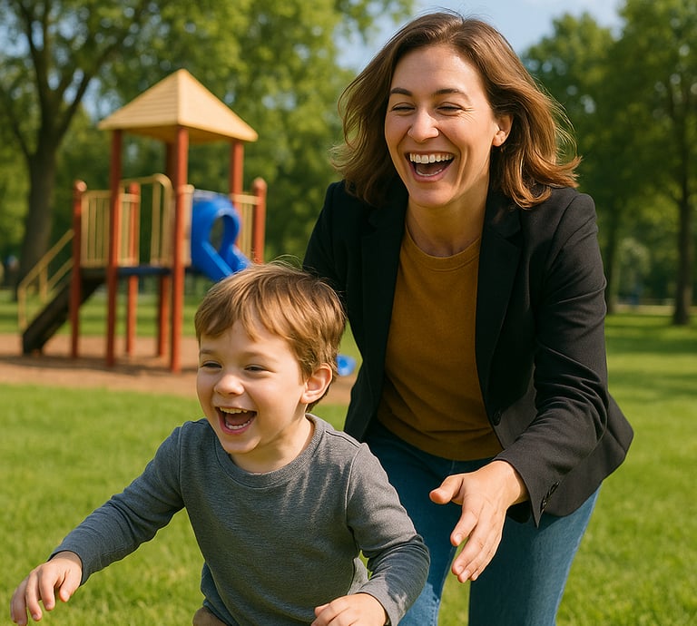 Madre juega feliz con su hijo en el parque