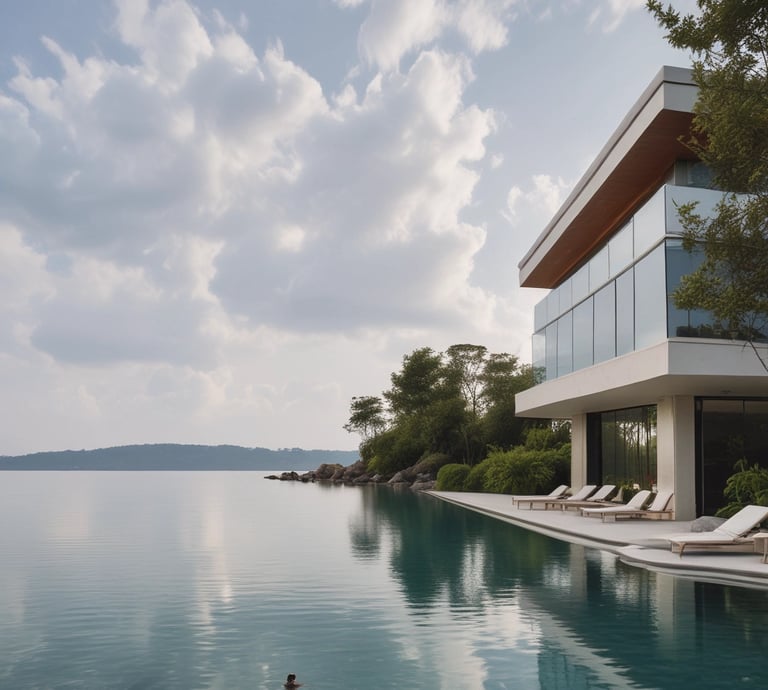 A stunning oceanfront resort at sunset with elegant palm trees and a couple enjoying a private terrace.