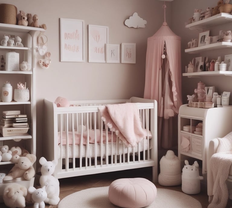 A cozy nursery corner with soft pastel bedding, plush toys, and sunlight streaming through a window.