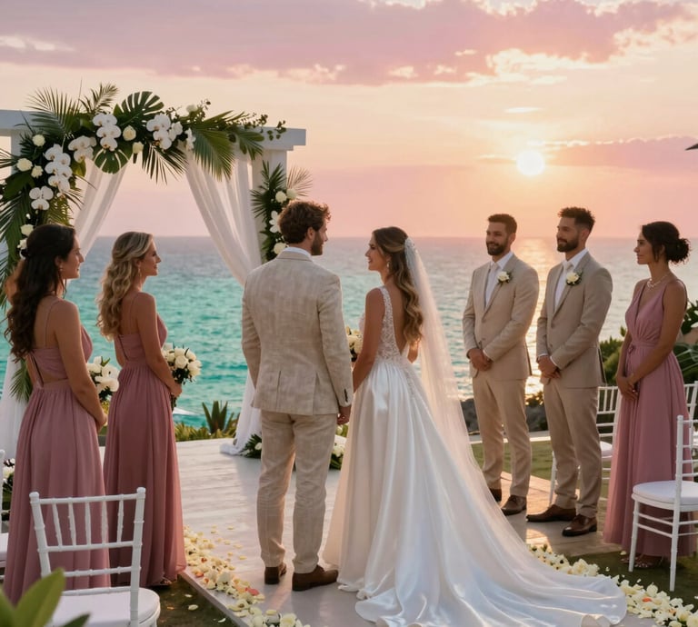 A sunlit beach ceremony with soft blush and gold decor overlooking turquoise water.
