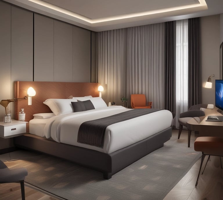 Bright and tidy standard hotel room with a single bed and a work desk.