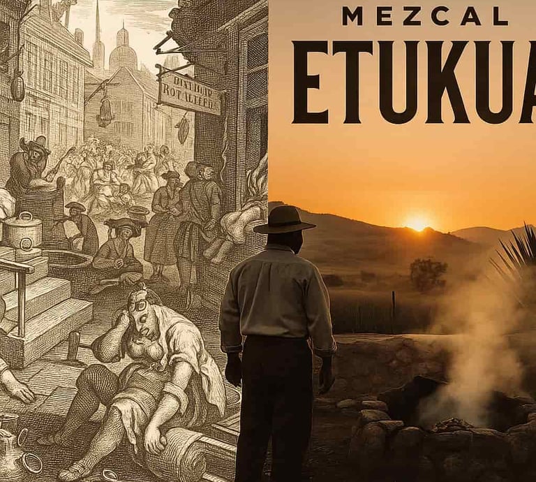  Grabado histórico de la Inglaterra del siglo XVIII mostrando destilerías clandestinas de gin, compa